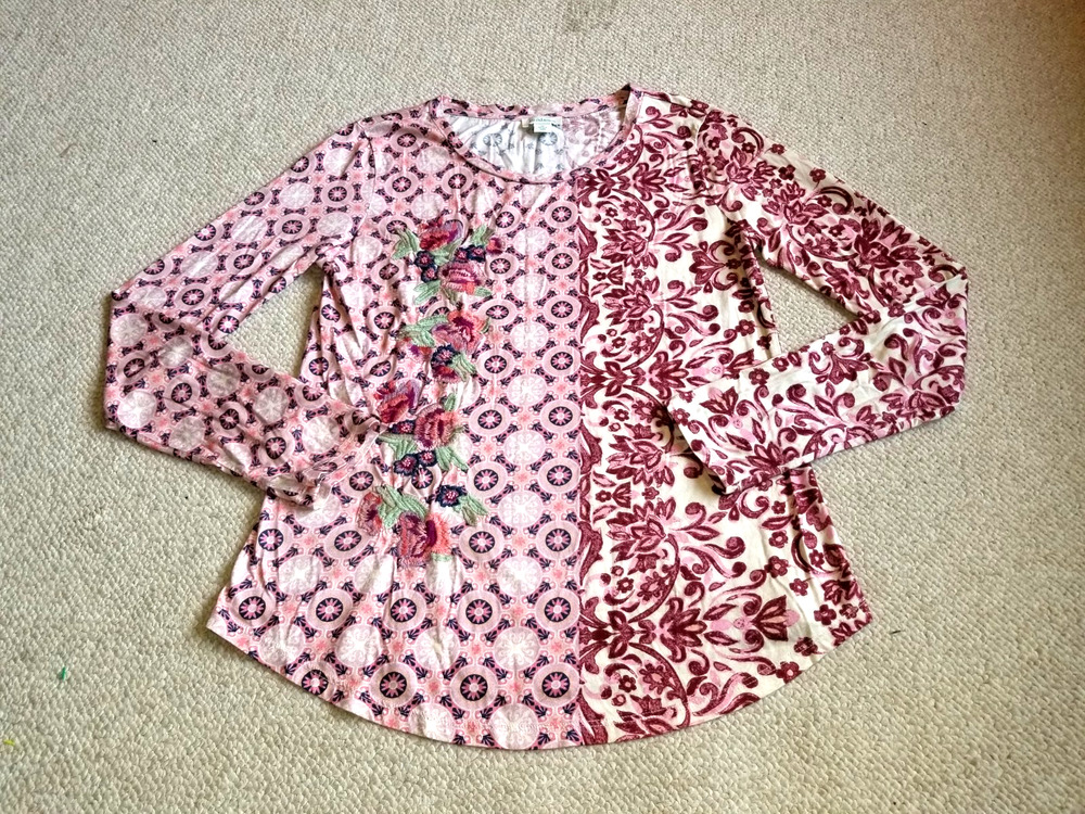 Womens Top-SUNDANCE-pink/beige/navy floral cotton knit embroidered BOHO ls-M